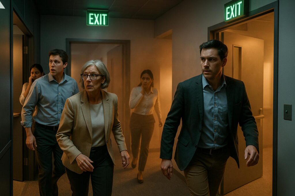 Four people in business attire urgently walk through a smoky office hallway with illuminated exit signs overhead, highlighting the importance of clear fire exits during an emergency evacuation.