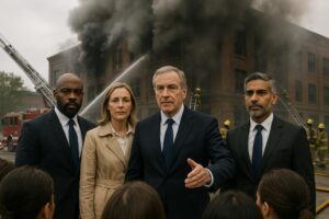 Four serious adults in formal attire stand before a burning building, smoke and firefighters behind them, addressing a group. One man gestures as he speaks about fire emergency leadership and workplace fire safety.