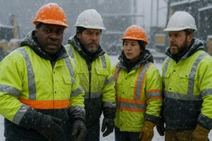 Four construction workers wearing high-visibility jackets and hard hats stand outside in falling snow, looking serious. Snow covers their clothing and gloves, with construction equipment visible in the background.