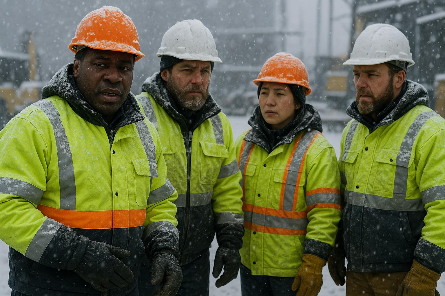 Four construction workers wearing high-visibility jackets and hard hats stand outside in falling snow, looking serious. Snow covers their clothing and gloves, with construction equipment visible in the background.