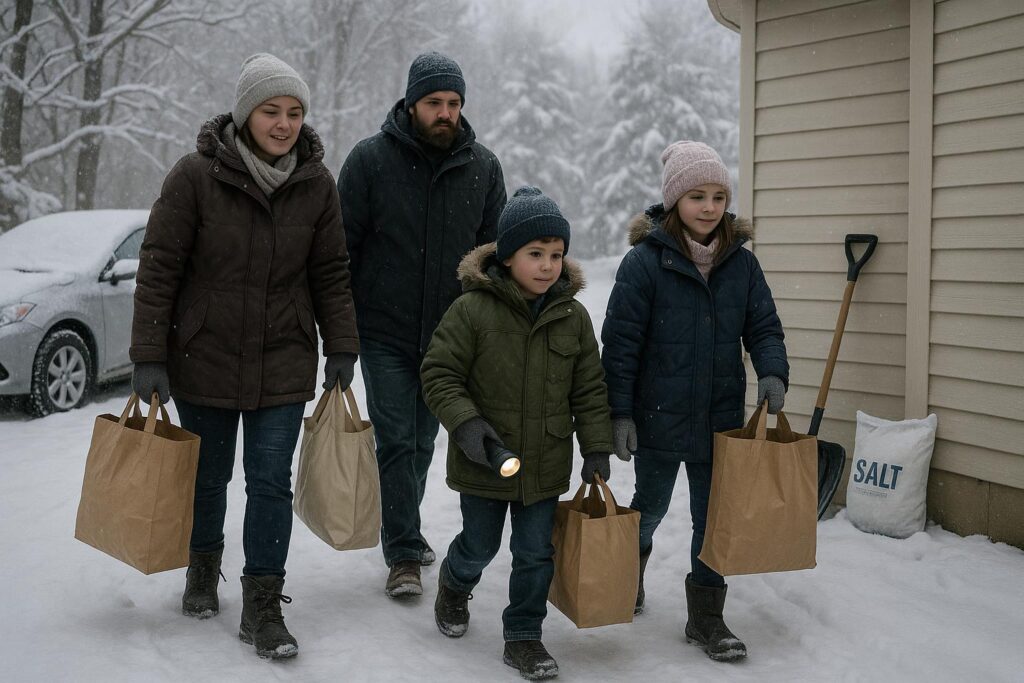 A family of four, dressed in winter clothing, carries grocery bags through the snow toward a house. Snow covers the ground and trees, while a shovel and bag of salt by the house highlight their focus on cold-season safety.