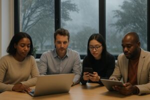 Four people sit at a table with laptops, a tablet, and a phone, collaborating on their workflow. Large windows behind them show rain falling and trees outside, creating a calm and focused atmosphere perfect for staying safe indoors.