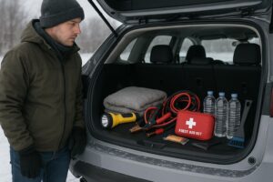 A man in winter clothing stands by an open car trunk, which contains a flashlight, jumper cables, a first aid kit, bottled water, blankets, and an ice scraper on a snowy day.