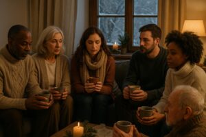 Six people sit closely together indoors, holding mugs and looking thoughtful or somber. They are gathered around a lit candle on a table, with a window showing a snowy scene in the background. Warm lighting fills the room.