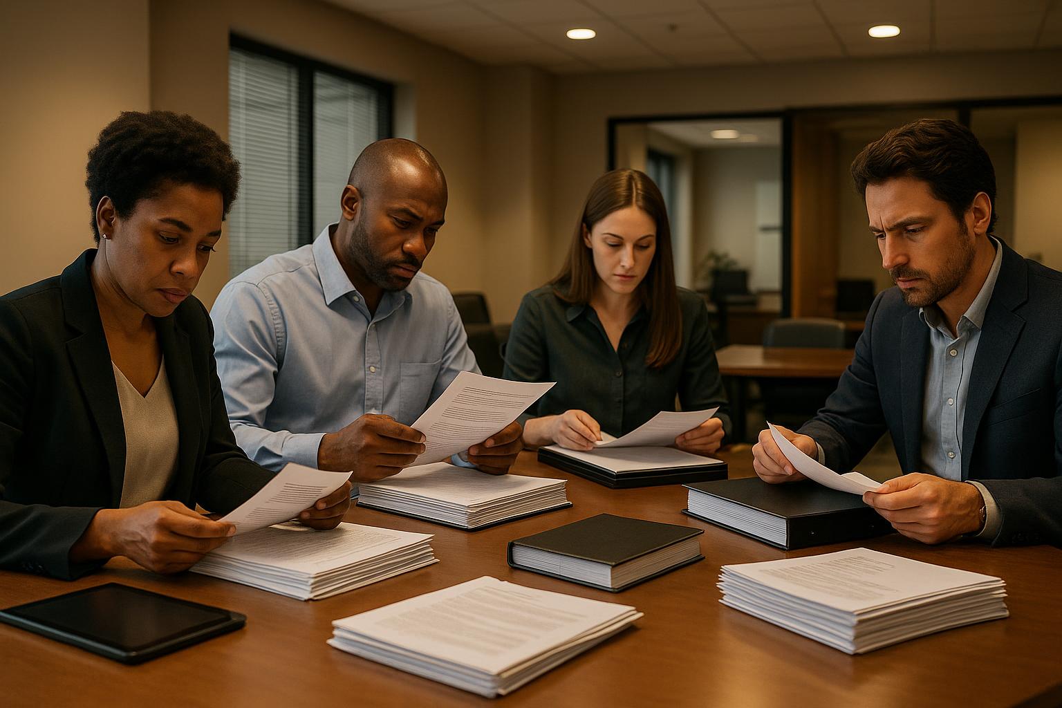 Four business professionals sit at a conference table, focused on reviewing documents and stacks of paperwork related to OSHA recordkeeping requirements in a modern office setting.