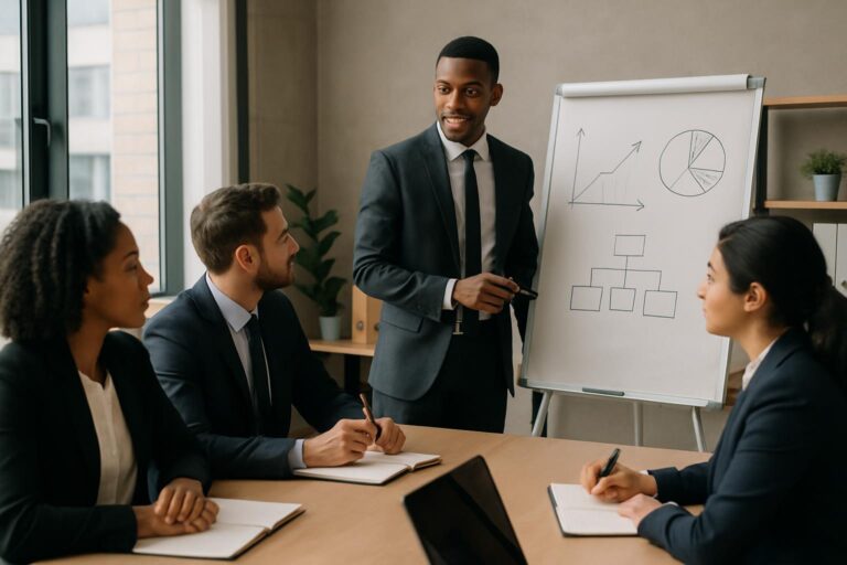 Four business professionals in suits sit around a conference table. One man stands and presents data charts on management leadership, while the others listen and take notes. A window and plant are visible in the background.