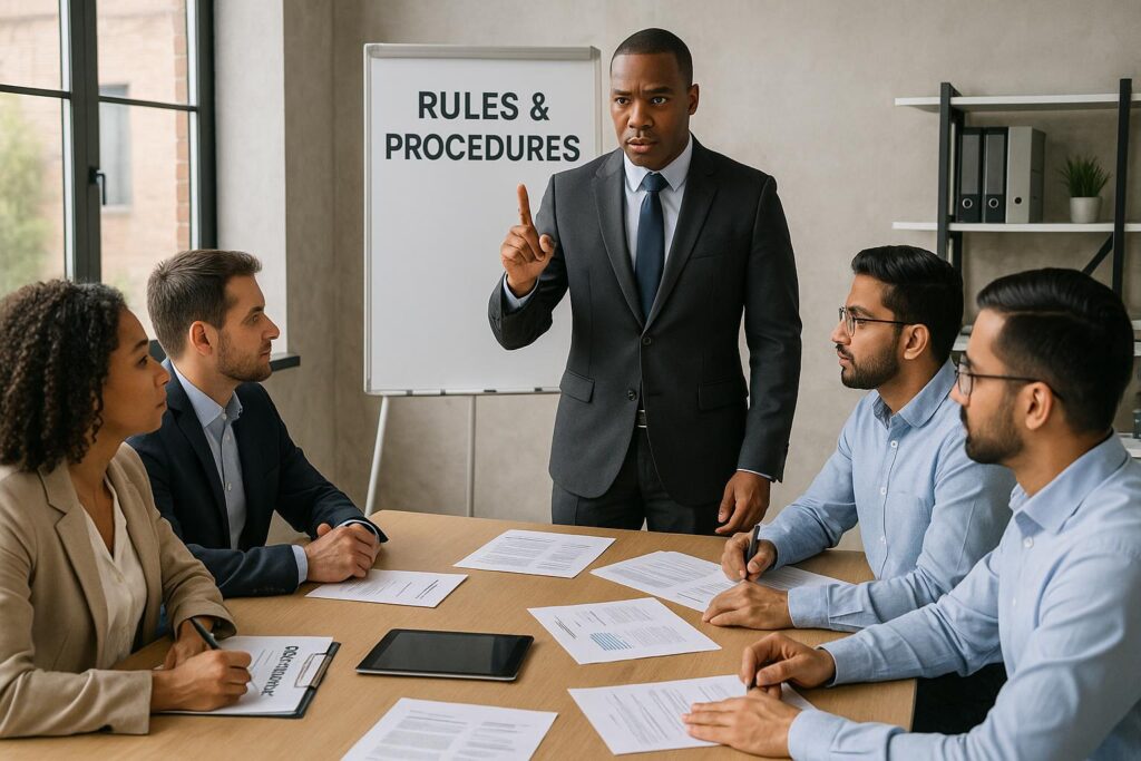 A man in a suit stands and gestures while leading a compliance training session with four seated colleagues. A whiteboard behind him reads "RULES & PROCEDURES." Papers and a tablet are on the table to help prevent costly mistakes.