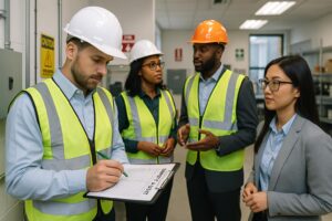Four professionals in safety vests and hard hats stand in an industrial setting. One man writes on a clipboard labeled "Safety List" as the group discusses hazard identification and remains focused on effective safety management.