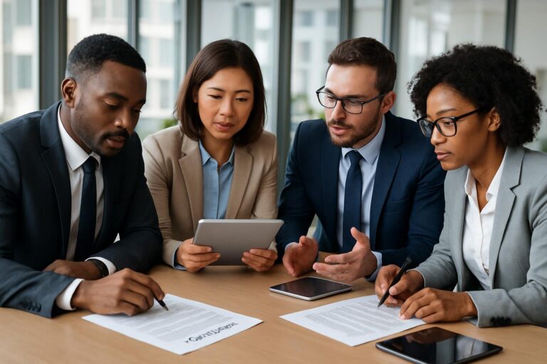 Four business professionals sit at a table, reviewing documents and using a tablet, engaged in discussion about evolving compliance in a modern office with large windows in the background.
