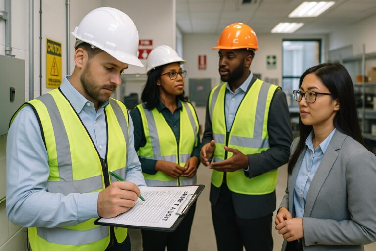 Four professionals in safety vests and hard hats stand in an industrial setting. One man writes on a clipboard labeled "Safety List" as the group discusses hazard identification and remains focused on effective safety management.