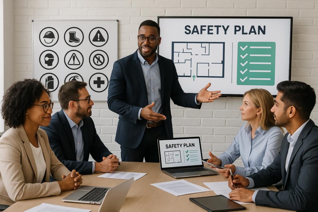 A man stands presenting a workplace safety plan to four colleagues seated around a table, with hazard identification icons and a safety plan diagram displayed on screens behind him. Everyone appears engaged and attentive.