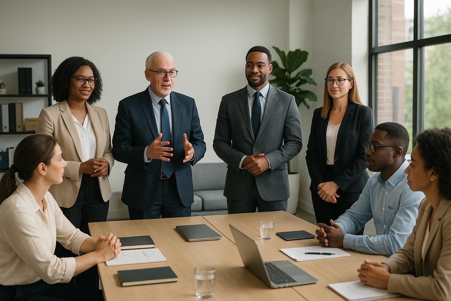 A group of six business professionals, three men and three women, are having a meeting in a modern office, fostering a culture of compliance. Three stand and talk, while three sit at a table with laptops, notebooks, and documents.
