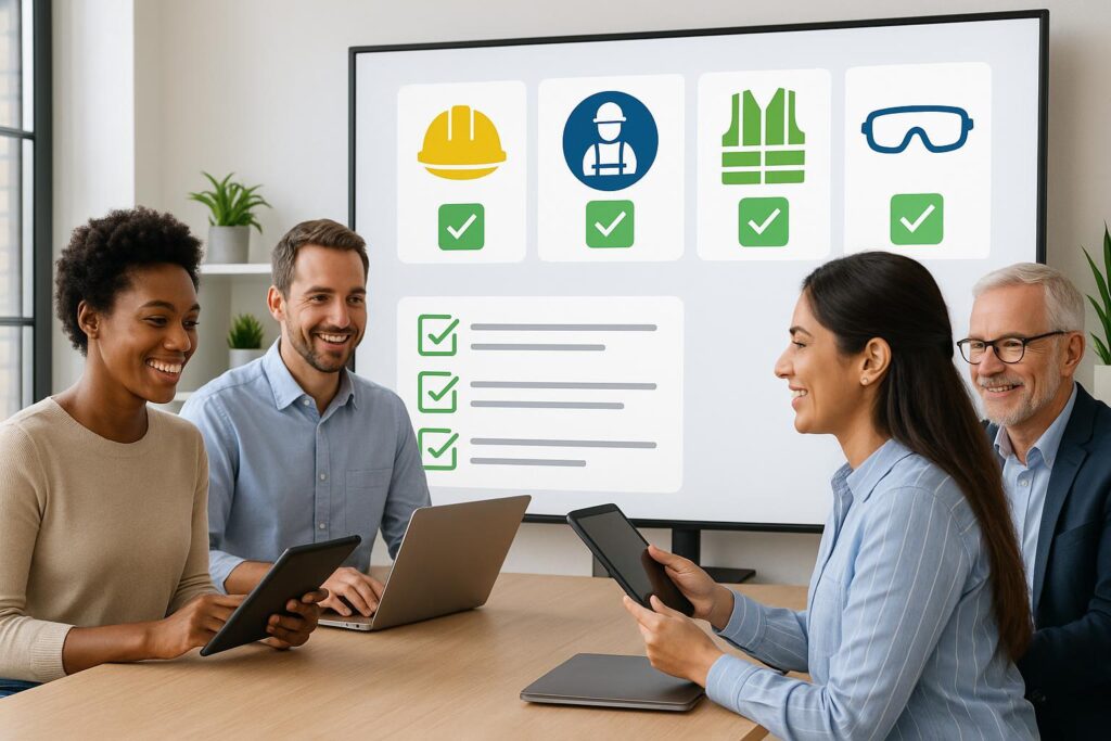 Four people sit at a conference table with tablets and a laptop, smiling and discussing. A screen behind them displays safety equipment icons and checklists, highlighting technology-driven compliance and safety tracking in a workplace meeting.