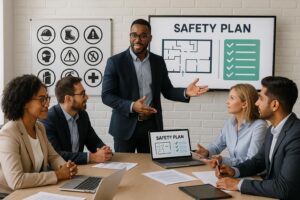 A man stands presenting a workplace safety plan to four colleagues seated around a table, with hazard identification icons and a safety plan diagram displayed on screens behind him. Everyone appears engaged and attentive.
