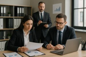 Two business professionals sit at a desk reviewing documents and a laptop, while a third person—possibly one of the inspectors—stands behind them with a clipboard in an audit-ready office setting with shelves and charts in the background.