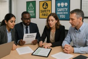 Four professionals sit at a table in an office, discussing safety compliance documents and a checklist on a tablet. Safety posters are visible on the wall, highlighting the team's focus on policy implementation.