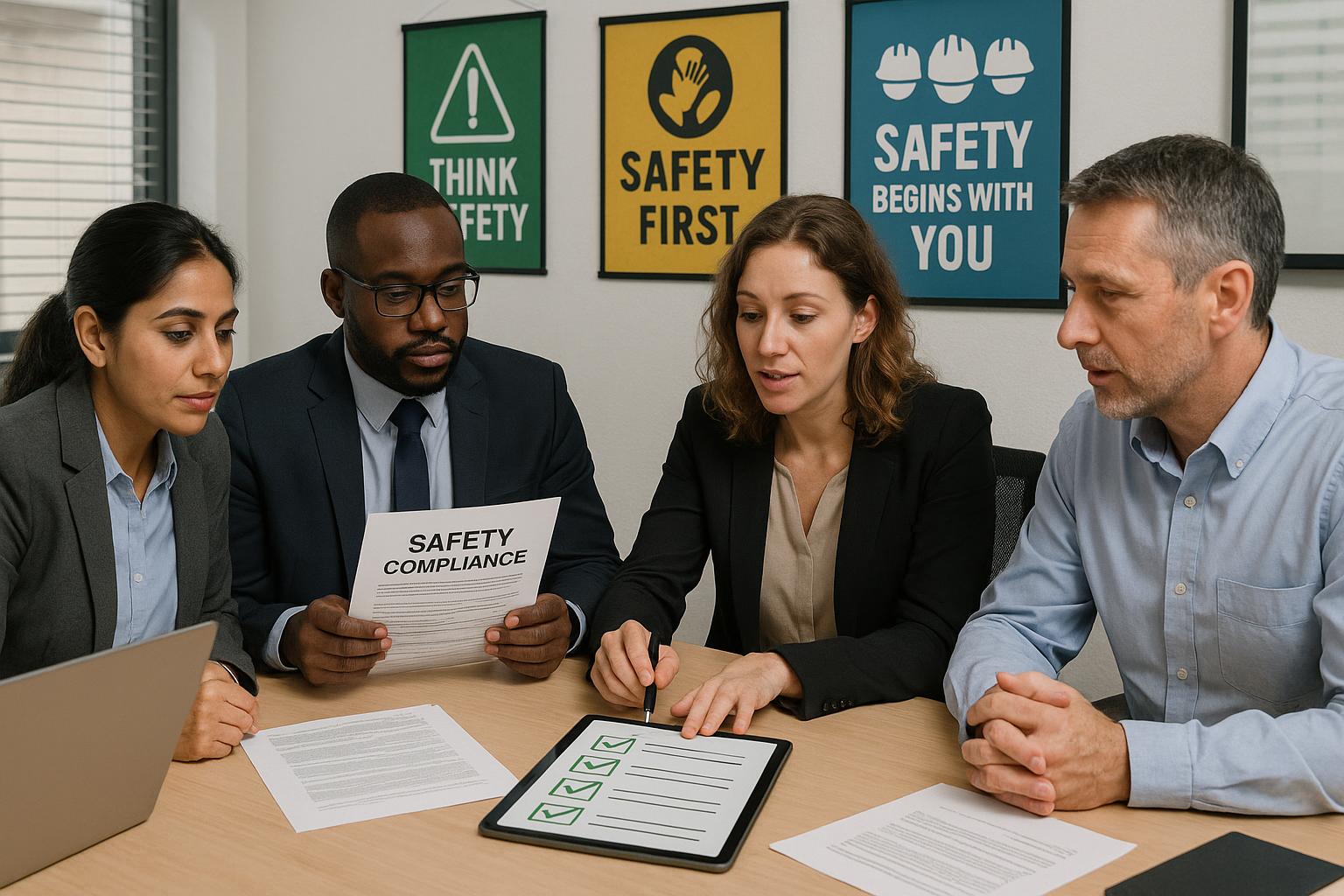 Four professionals sit at a table in an office, discussing safety compliance documents and a checklist on a tablet. Safety posters are visible on the wall, highlighting the team's focus on policy implementation.