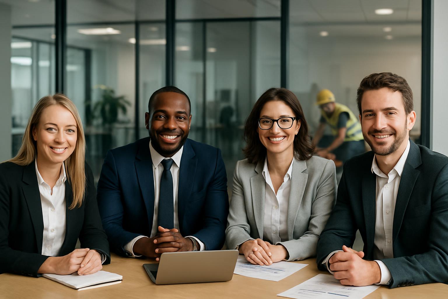 Four professionally dressed people sitting at a conference table with documents and a laptop, smiling at the camera. In the background, a construction worker in a yellow vest and helmet is visible through glass walls.