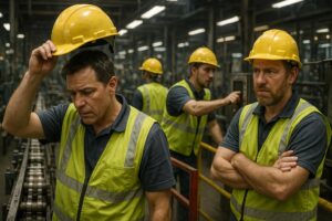 Four male factory workers in yellow hard hats and reflective vests stand in an industrial setting. One looks tired, wiping his brow, another crosses his arms, and two others work at machinery in the background.