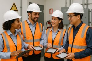 Four engineers wearing white hard hats and orange safety vests stand indoors, smiling and holding tablets as they discuss work. Electrical panels, safety signs, and a fire extinguisher are visible in the background.