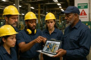 A group of five factory workers wearing yellow hard hats and blue uniforms gathers around a supervisor holding a tablet, reviewing a safety training image in an industrial setting.