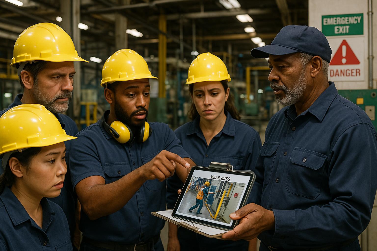 A group of five factory workers wearing yellow hard hats and blue uniforms gathers around a supervisor holding a tablet, reviewing a safety training image in an industrial setting.