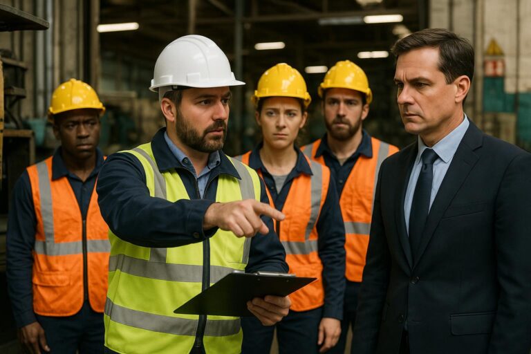 A worker in a white hard hat and safety vest points while holding a clipboard, speaking to a man in a suit. Three other workers in yellow hard hats and orange vests stand in the background, all in an industrial setting.