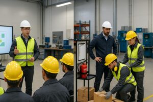 Two scenes in a factory: on the left, a man in a hard hat and safety vest gives a presentation to seated workers; on the right, workers in safety gear handle boxes while another supervises.