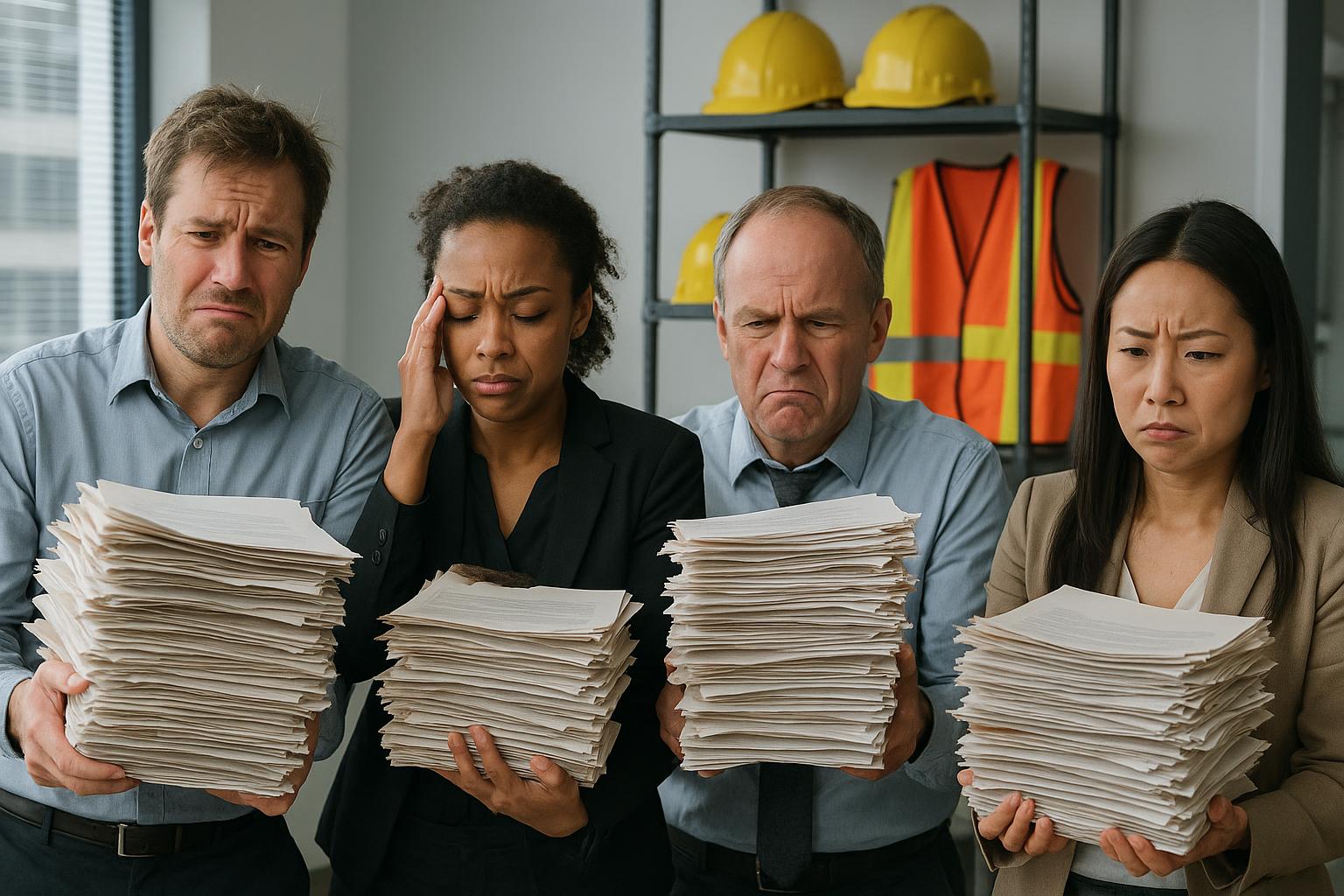 Four office workers look stressed and unhappy while holding large stacks of paperwork, highlighting the burden of traditional paper safety programs. Safety helmets and vests are visible on shelves in the background.