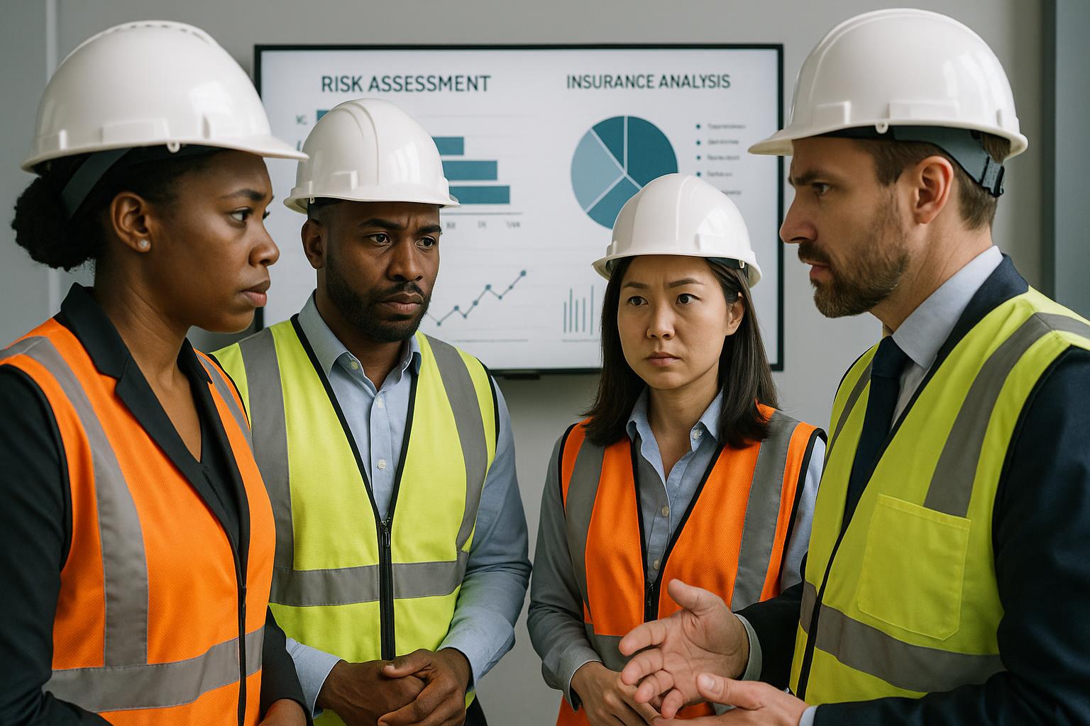 Four engineers in safety vests and helmets stand indoors, having a serious discussion. Charts labeled "Risk Assessment" and "Insurance Analysis" are displayed on a screen in the background.