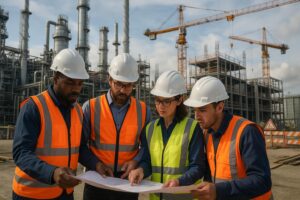 Four construction workers wearing safety helmets and high-visibility vests review blueprints at an industrial site with cranes and refinery structures in the background.