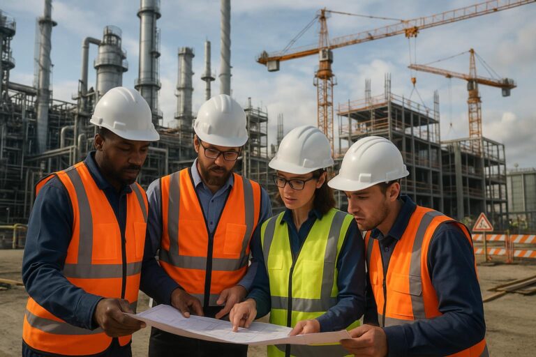 Four construction workers wearing safety helmets and high-visibility vests review blueprints at an industrial site with cranes and refinery structures in the background.