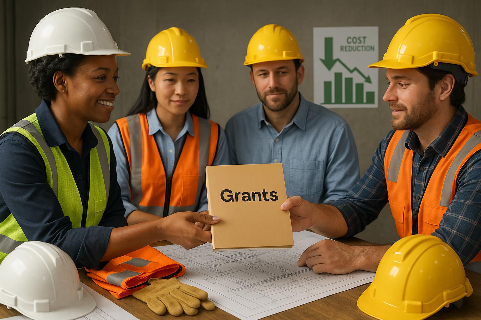 Four construction workers wearing safety gear sit at a table with blueprints. One woman hands a folder labeled "Grants" to a man. Safety helmets, gloves, and a "Cost Reduction" chart are visible on the table and wall.