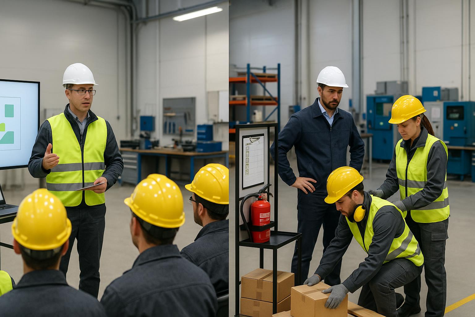 Two scenes in a factory: on the left, a man in a hard hat and safety vest gives a presentation to seated workers; on the right, workers in safety gear handle boxes while another supervises.