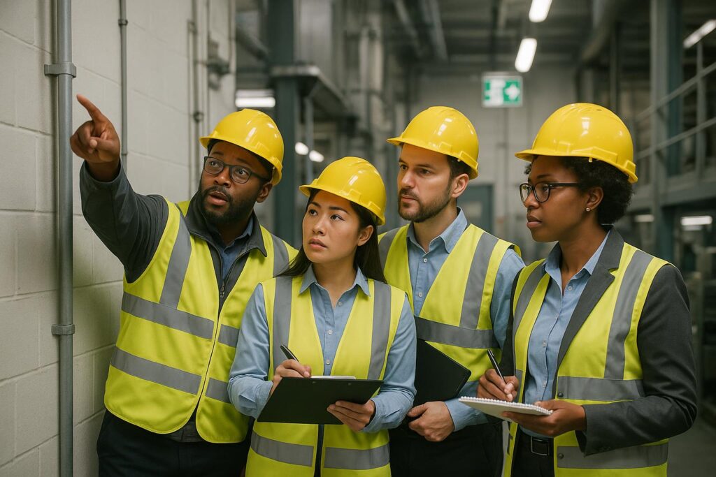 Four engineers wearing yellow hard hats and reflective vests stand indoors; one man is pointing at a wall while the others observe and take notes on clipboards. They appear to be conducting an inspection.