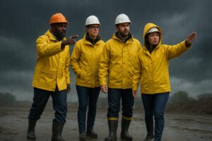 Four workers in yellow rain jackets, hard hats, and boots stand outdoors in the rain under a dark sky. Guided by supervisor safety leadership, the group appears focused and alert as they point in different directions.