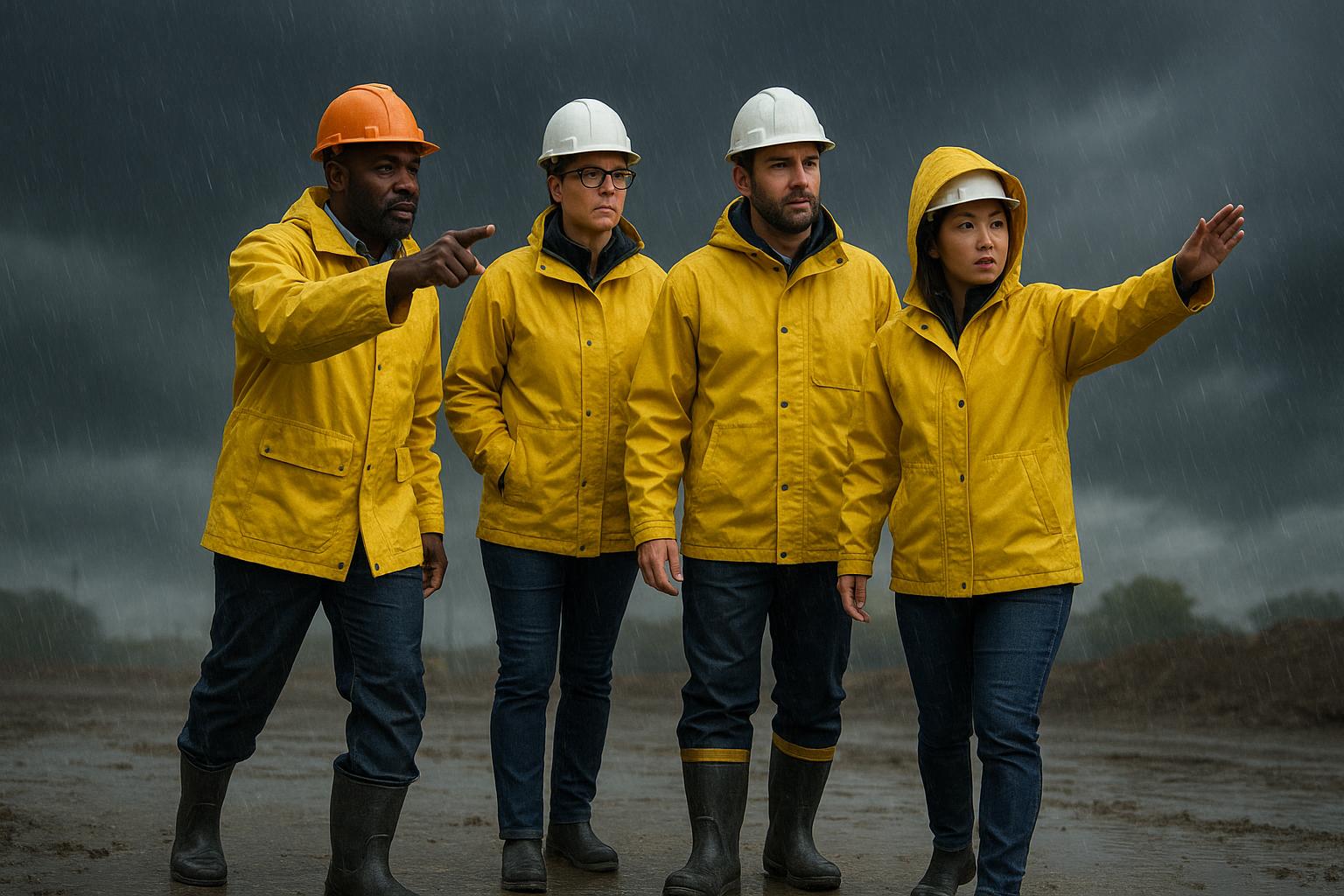 Four workers in yellow rain jackets, hard hats, and boots stand outdoors in the rain under a dark sky. Guided by supervisor safety leadership, the group appears focused and alert as they point in different directions.