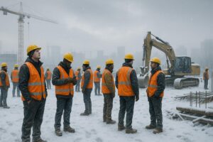 A group of construction workers in orange vests and yellow hard hats stand on a snowy construction site, facing snow days and possible safety delays as cranes and heavy machinery loom in the background with city buildings faintly visible through the haze.