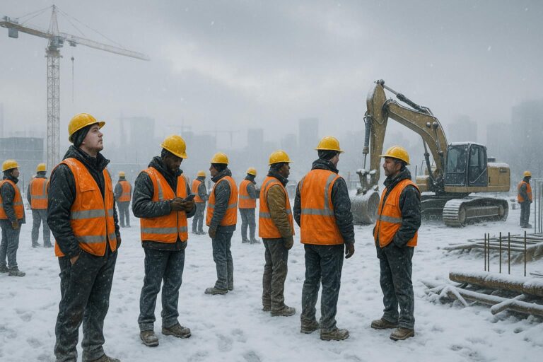 A group of construction workers in orange vests and yellow hard hats stand on a snowy construction site, facing snow days and possible safety delays as cranes and heavy machinery loom in the background with city buildings faintly visible through the haze.