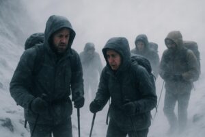 Five hikers wearing winter gear and backpacks struggle through heavy snow and wind in a mountainous area, gripping trekking poles as they push forward, demonstrating the importance of whiteout safety in harsh, cold conditions.