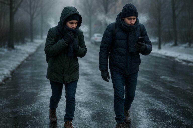 Two people walk on an icy, foggy street in winter, both wearing dark coats, hats, scarves, and gloves. One looks cold, covering their mouth against the wind chill, while the other checks a phone. Snow and bare trees line the road.