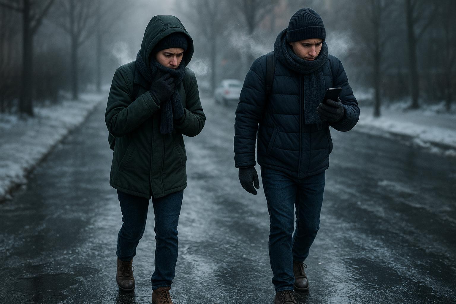 Two people walk on an icy, foggy street in winter, both wearing dark coats, hats, scarves, and gloves. One looks cold, covering their mouth against the wind chill, while the other checks a phone. Snow and bare trees line the road.
