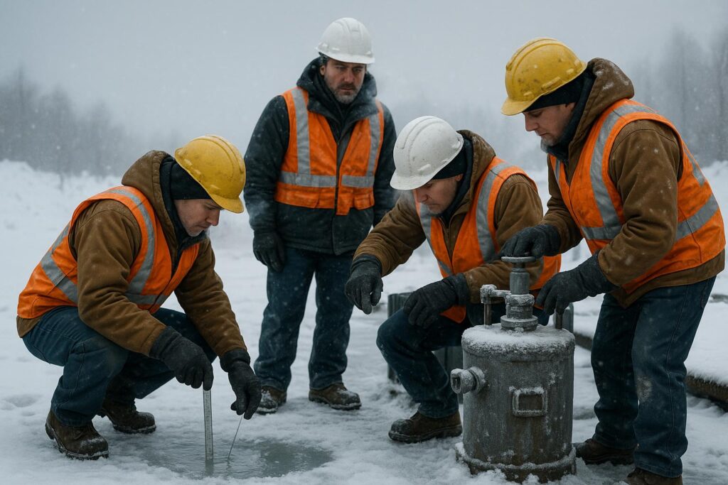 Four construction workers in orange safety vests and hard hats work outdoors in snowy conditions, inspecting equipment and icy ground. Practicing winter workplace safety, they check tools near a metal cylinder to prevent hazards like hypothermia at work.