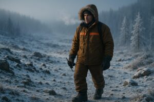 A person in a brown winter coat and gloves walks through a snowy, rocky landscape with frosty trees in the background, holding a handheld radio—demonstrating cold-weather safety as their breath hangs in the chilly air.