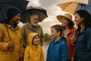 A diverse group of smiling people, including adults and children, stand close together outdoors under umbrellas, wearing raincoats and hats on a cloudy day, engaging in weather-related conversations and practicing weather safety.