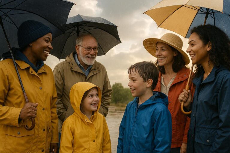 A diverse group of smiling people, including adults and children, stand close together outdoors under umbrellas, wearing raincoats and hats on a cloudy day, engaging in weather-related conversations and practicing weather safety.