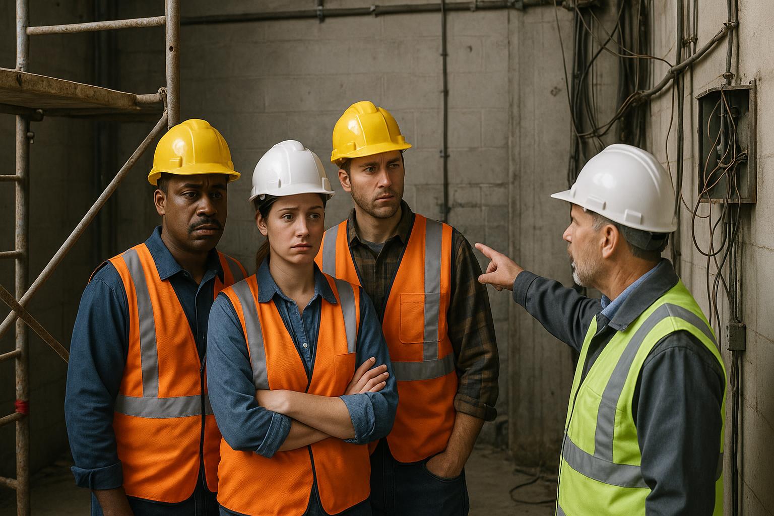 A group of three construction workers listen attentively to a supervisor, who is pointing while giving instructions. All wear safety helmets and orange vests, reminding us that PPE alone doesn’t fix unsafe work in an unfinished building.