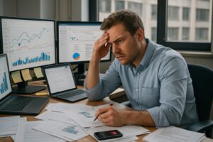 A man looks stressed while working at a cluttered desk with papers, charts, and monitors displaying data. Amidst his worry, he overlooks hydration in cold environments—a reminder that staying hydrated is vital even when it’s chilly.