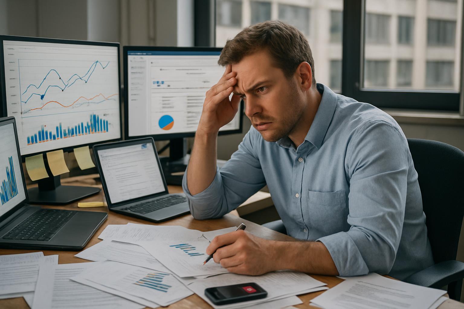 A man looks stressed while working at a cluttered desk with papers, charts, and monitors displaying data. Amidst his worry, he overlooks hydration in cold environments—a reminder that staying hydrated is vital even when it’s chilly.
