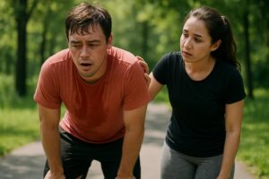 A tired man in a red shirt leans forward, breathing heavily from cognitive load, while a concerned woman in a black shirt rests her hand on his shoulder outdoors on a tree-lined path.
